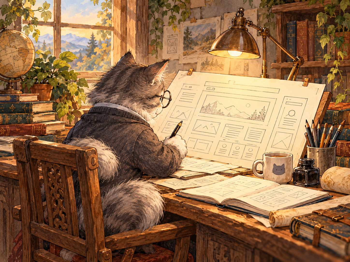 A gray kitten in a worker helmet studying a blueprint